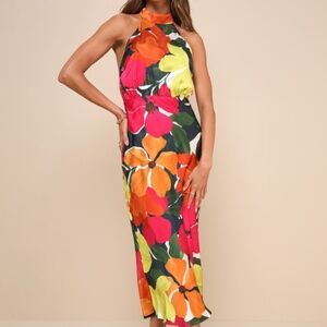 Lulus Admirable Invite Dark Teal Multi Floral Satin Halter Midi Dress Blue